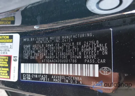 2025 Toyota Camry Le z USA, uszkodzony, nr VIN 4T1DAACK0SU001786